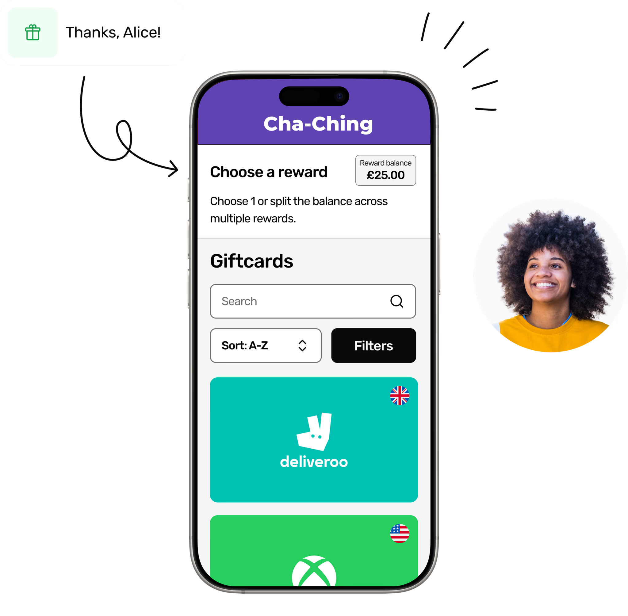 Alice using Cha-Ching as part of her HR benefits.